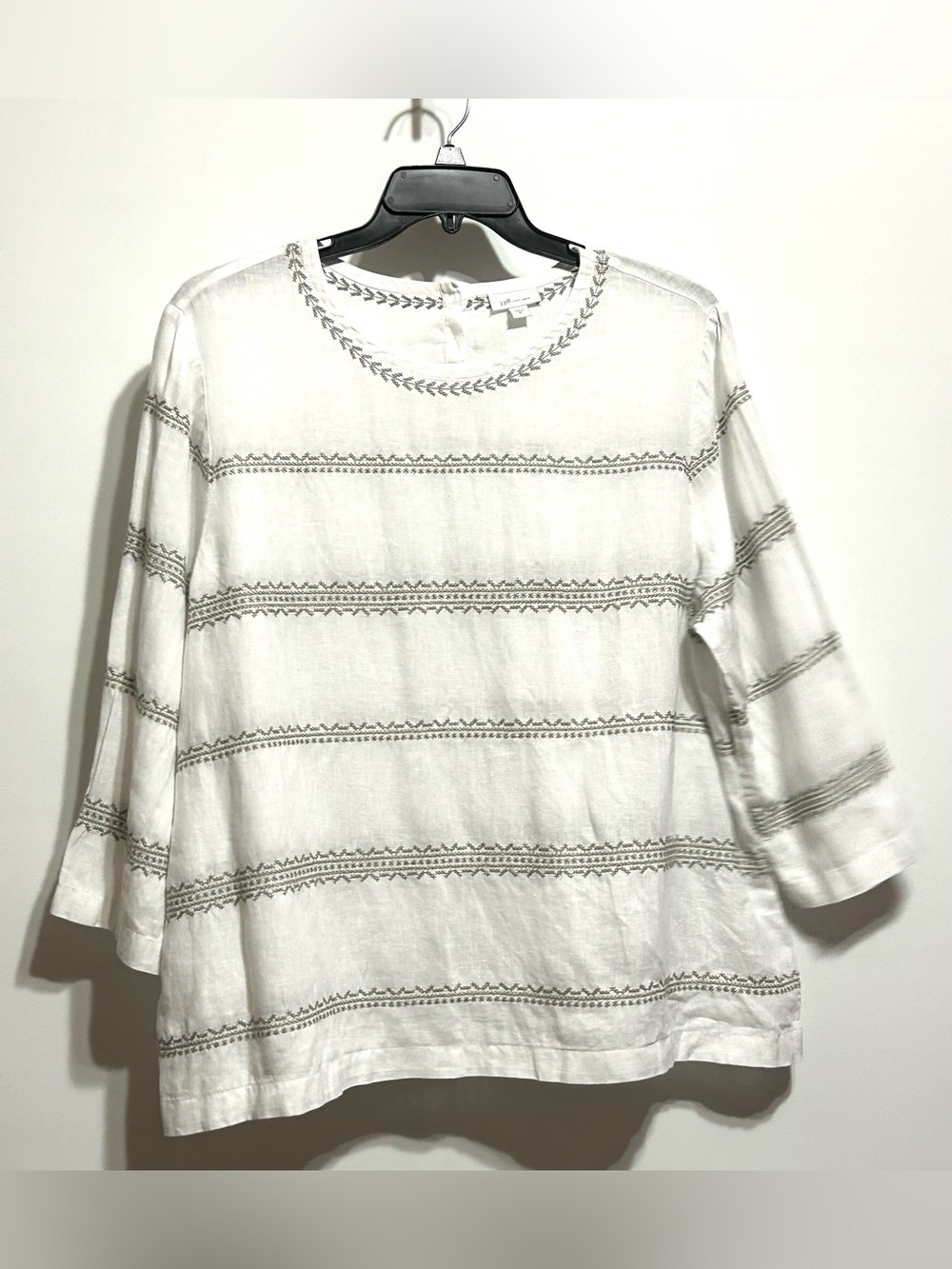 J. Jill  Love Linen White Tunic with Gray Embroidered Stripes